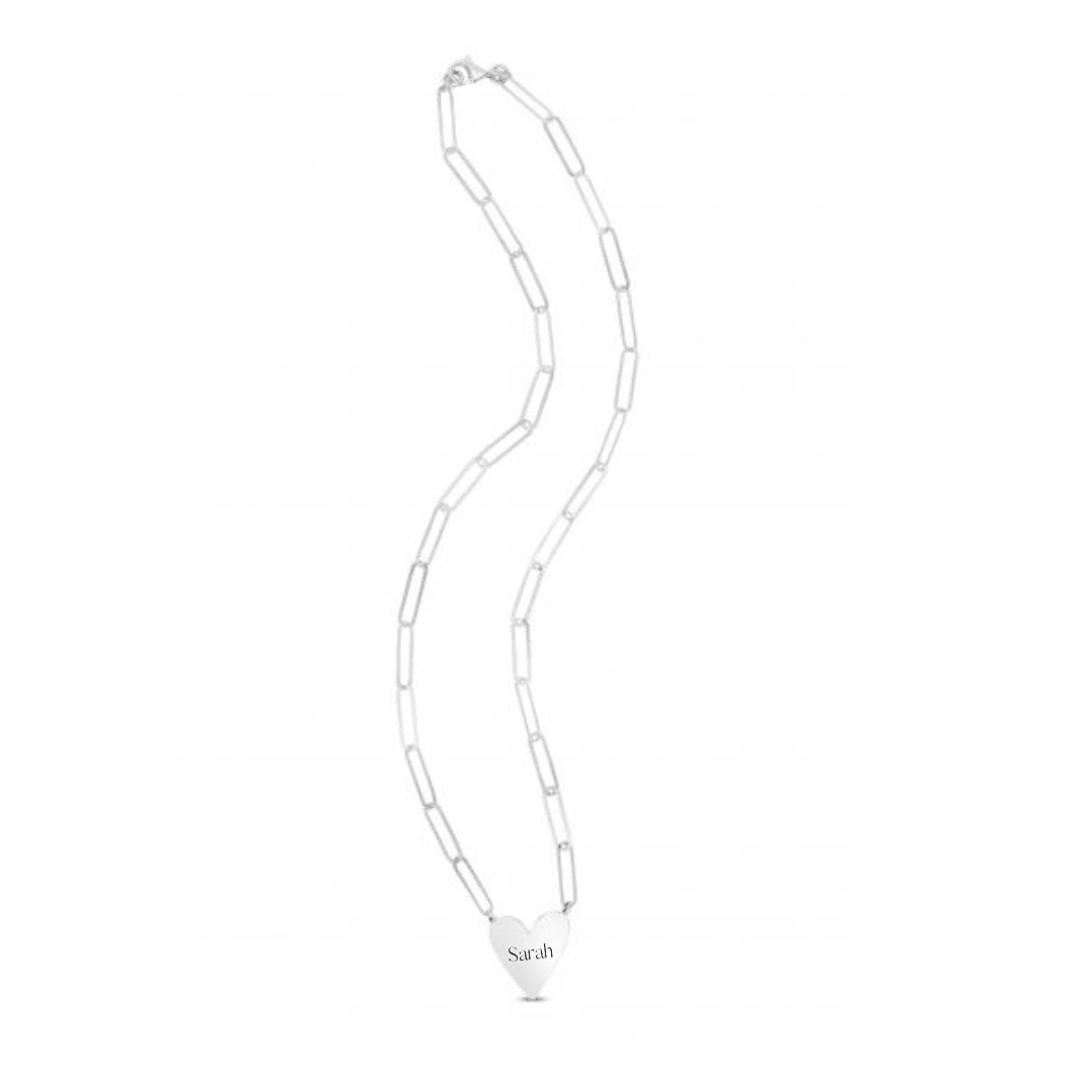 Sterling Silver Polished Heart Necklace on 18" Paperclip Chain - Engravable - The Rutile Ltd