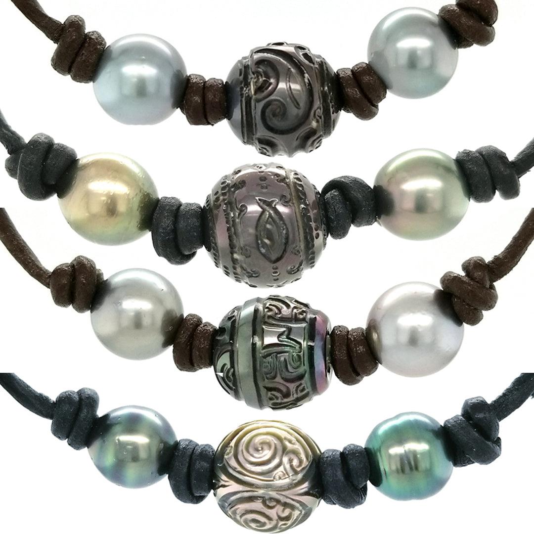 "The Surfer's Trilogy" - Handcarved Tahitian Pearl and Leather Necklace - The Rutile Ltd
