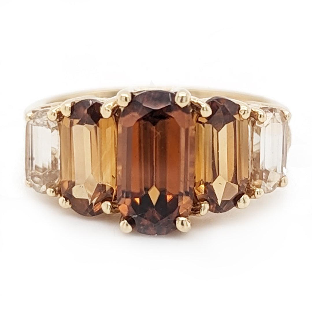 Warm Multi-Colored Step Cut Zircon Ring in 14k Yellow Gold - The Rutile Ltd