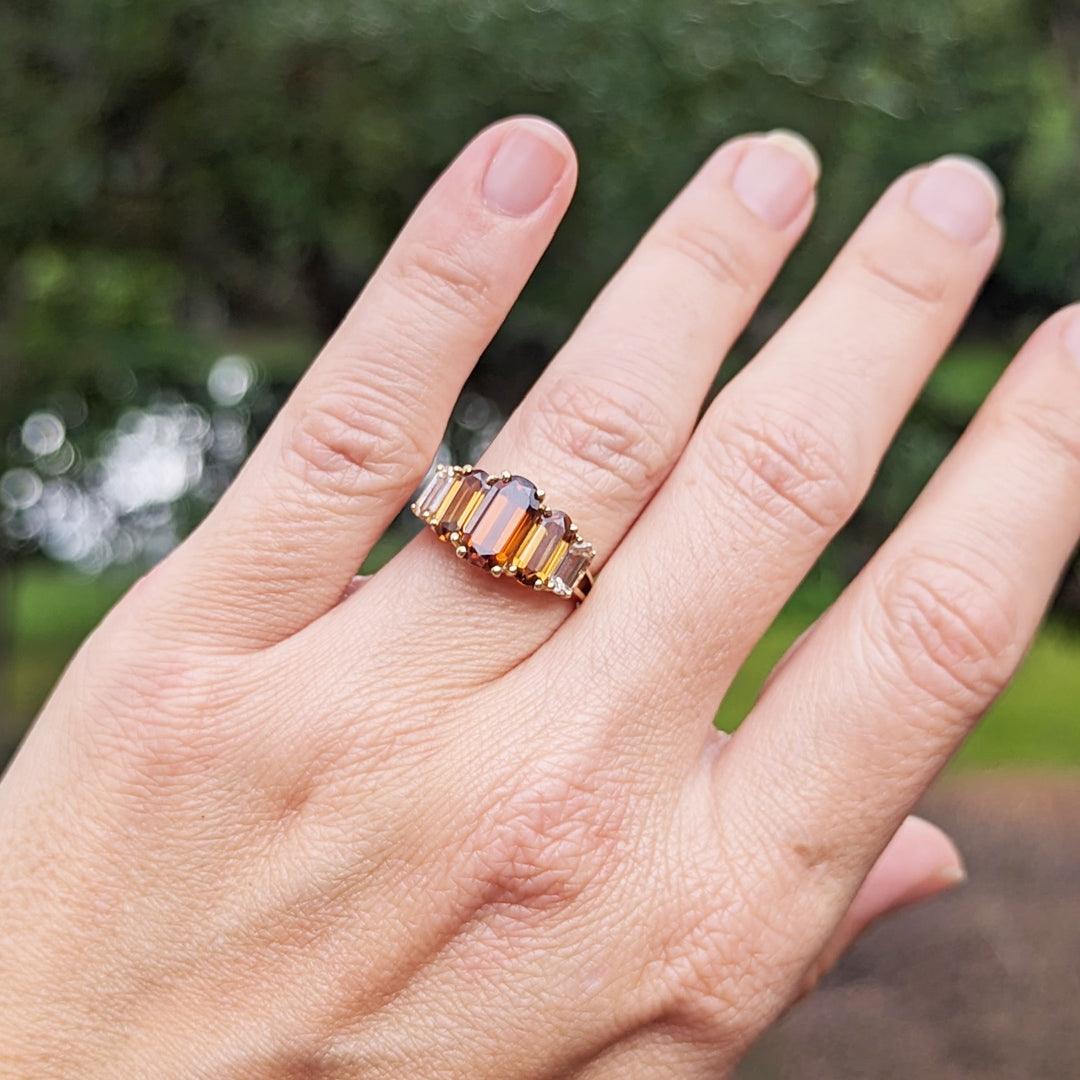 Warm Multi-Colored Step Cut Zircon Ring in 14k Yellow Gold - The Rutile Ltd