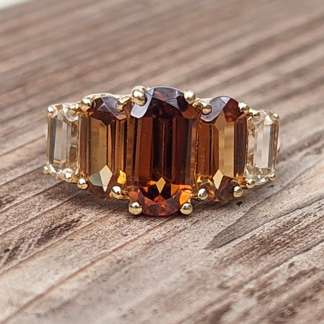 Warm Multi-Colored Step Cut Zircon Ring in 14k Yellow Gold - The Rutile Ltd
