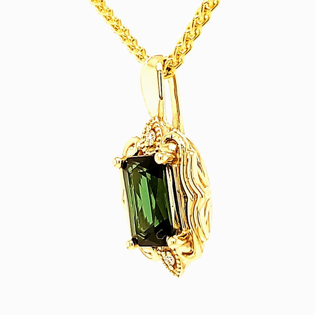 1.74ct Green Tourmaline and Diamond Pendant in 14k Yellow Gold - The Rutile Ltd
