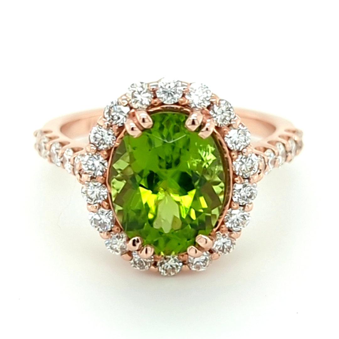 3.18ct Arizona Peridot set in 14kt Halo Ring with 0.83ct of Diamonds - The Rutile Ltd