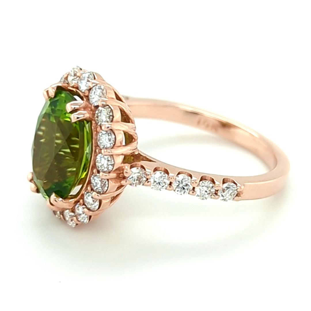 3.18ct Arizona Peridot set in 14kt Halo Ring with 0.83ct of Diamonds - The Rutile Ltd