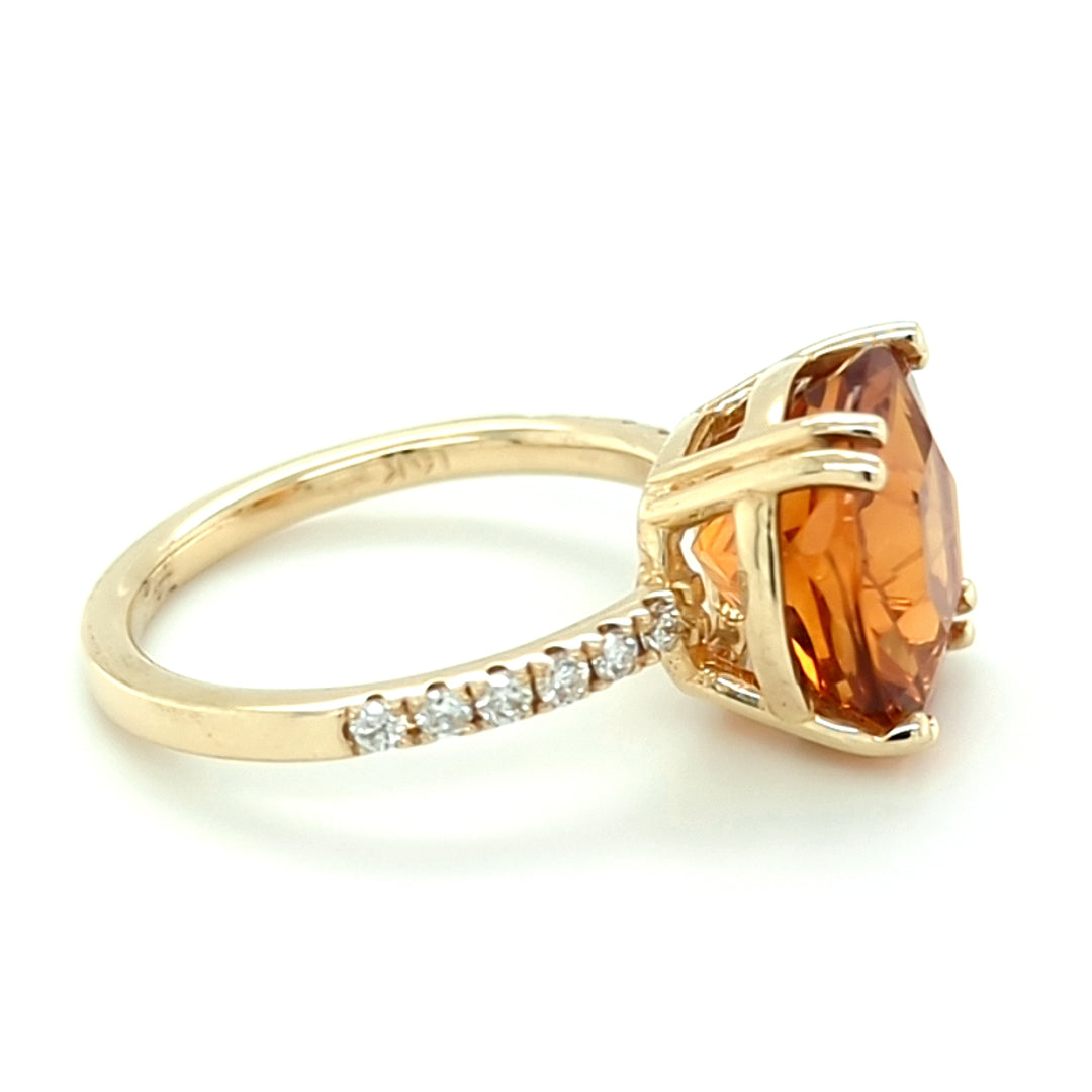Custom Cut Citrine and Diamond Ring in 14kt Yellow Gold