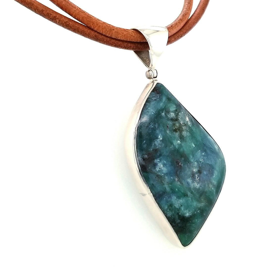 “The Veracity” - Green Kyanite Pendant in Sterling Silver on Tan Leather Cord - The Rutile Ltd