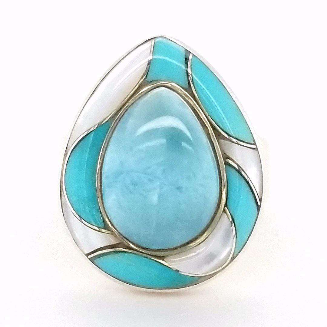 "The Tide" Larimar, Turquoise, and Mother of Pearl Inlay Ring in Sterling Silver - The Rutile Ltd