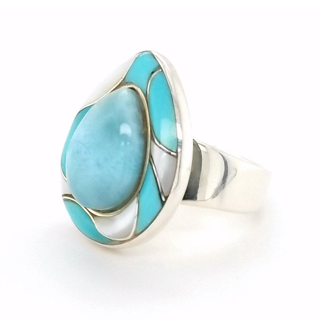 "The Tide" Larimar, Turquoise, and Mother of Pearl Inlay Ring in Sterling Silver - The Rutile Ltd