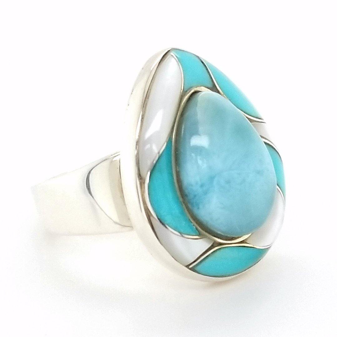 "The Tide" Larimar, Turquoise, and Mother of Pearl Inlay Ring in Sterling Silver - The Rutile Ltd