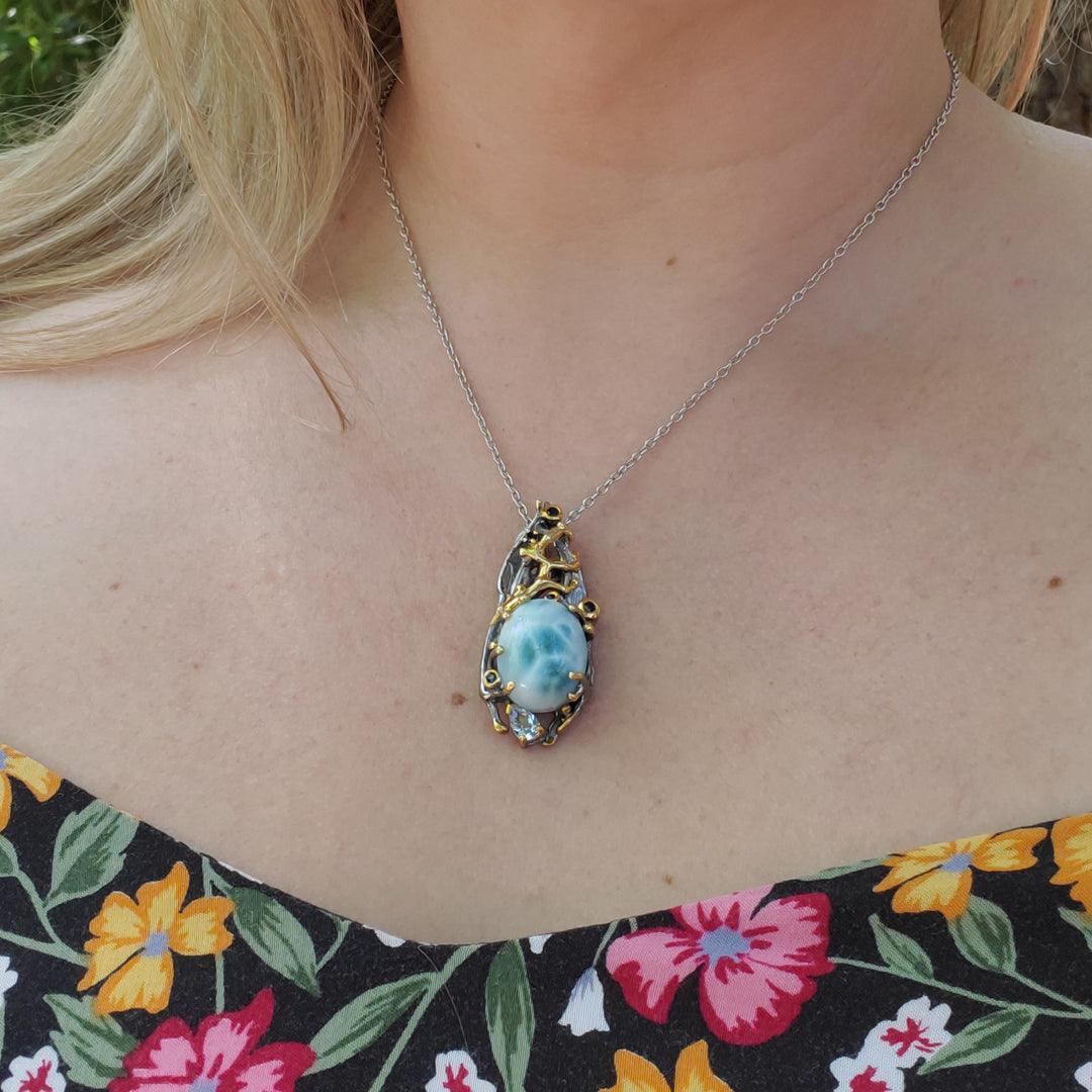 “Hydra” - Larimar, Blue Topaz, & Sapphire Pendant in Sterling Silver - The Rutile Ltd