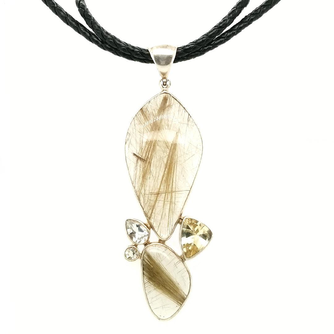 “The Amp” - Rutilated Quartz, Golden Labradorite, and White Topaz Pendant on Black Leather Braided Cord - The Rutile Ltd