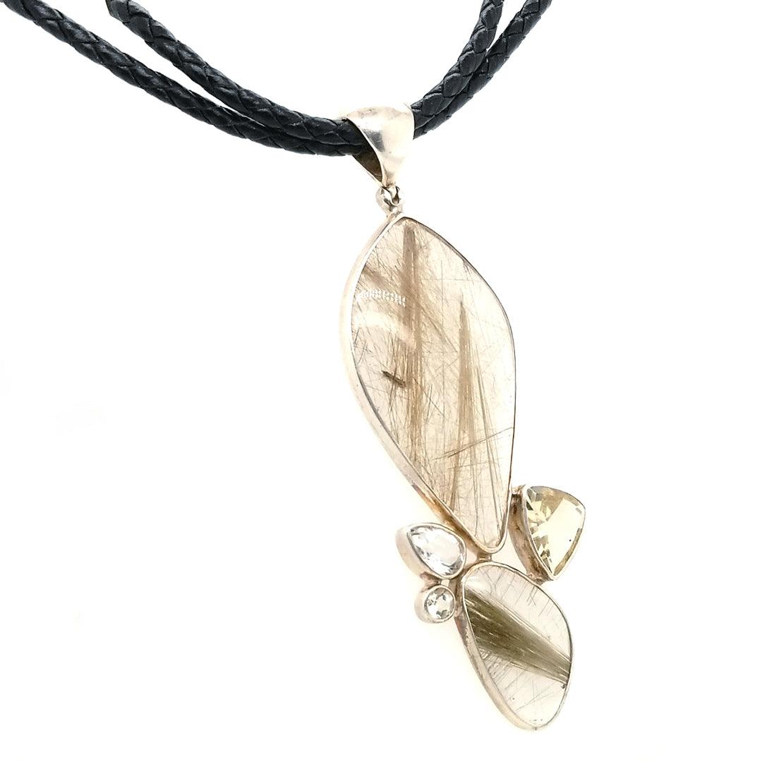 “The Amp” - Rutilated Quartz, Golden Labradorite, and White Topaz Pendant on Black Leather Braided Cord - The Rutile Ltd