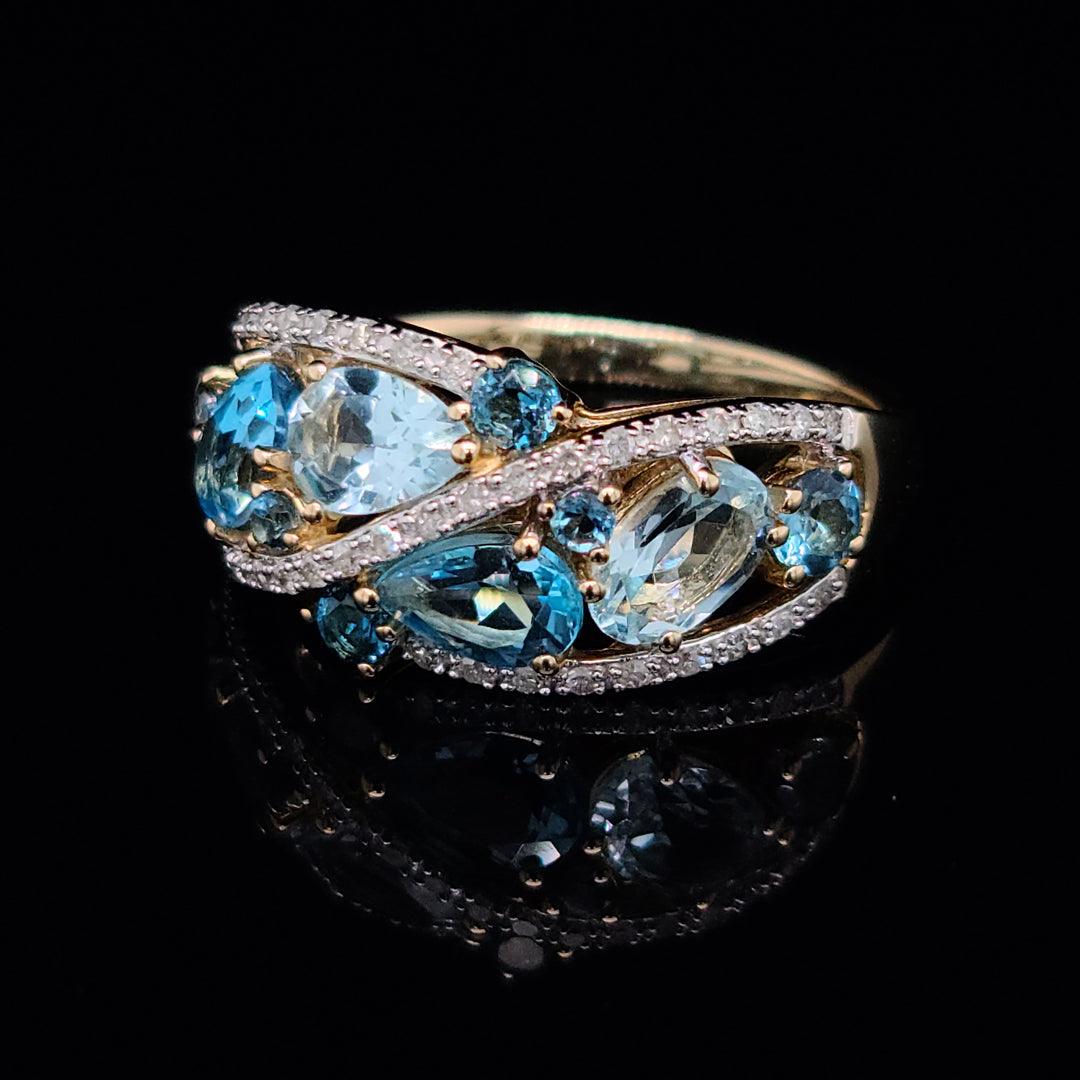 London Blue Topaz, Swiss Blue Topaz, Sky Blue Topaz and 0.20ct Diamond Ring in 10k Yellow Gold - The Rutile Ltd