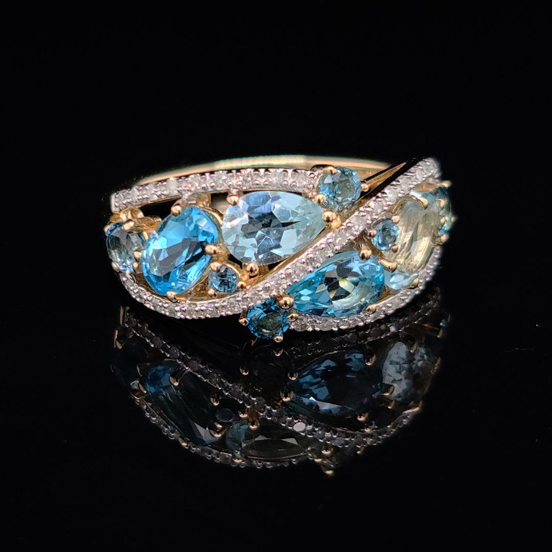 London Blue Topaz, Swiss Blue Topaz, Sky Blue Topaz and 0.20ct Diamond Ring in 10k Yellow Gold - The Rutile Ltd