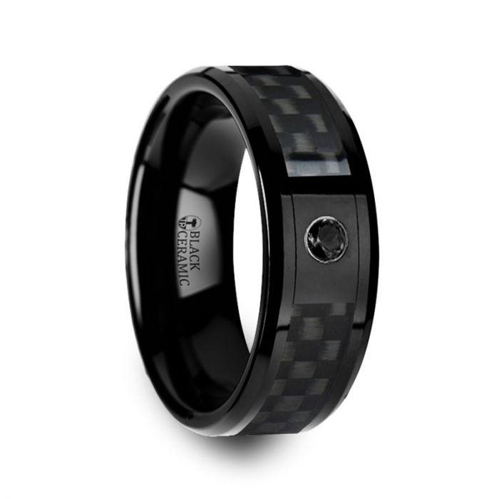 ABERDEEN - Black Ceramic Ring with Black Diamond Wedding Band and Black Carbon Fiber Inlay - 8mm - The Rutile Ltd
