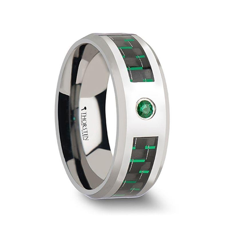 ASPEN - Tungsten Carbide Ring with Black & Green Carbon Fiber and Green Emerald - 8mm - The Rutile Ltd