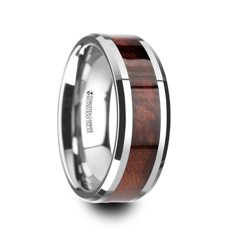 AUBURN - Red Wood Inlaid Tungsten Carbide Ring with Bevels - 8mm - The Rutile Ltd