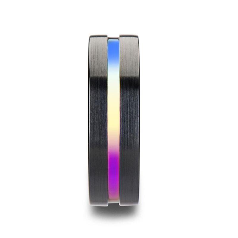 AZURE - Flat Black Ceramic Ring Brushed with Rainbow Groove - 4mm - 8mm - The Rutile Ltd