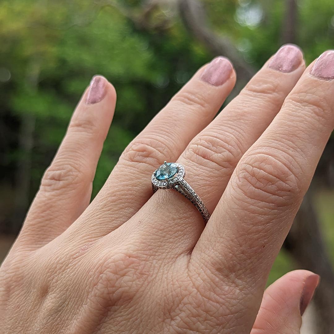 Blue Zircon and Diamond Halo Ring in 14kt White Gold - The Rutile Ltd