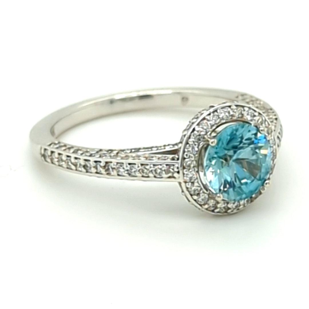 Blue Zircon and Diamond Halo Ring in 14kt White Gold - The Rutile Ltd