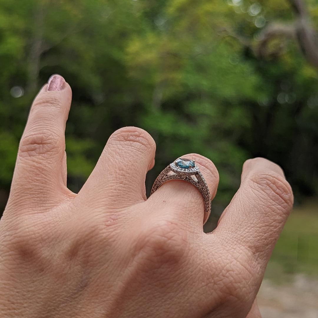 Blue Zircon and Diamond Halo Ring in 14kt White Gold - The Rutile Ltd