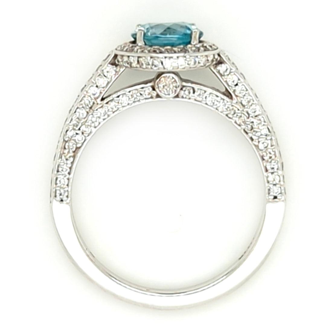 Blue Zircon and Diamond Halo Ring in 14kt White Gold - The Rutile Ltd