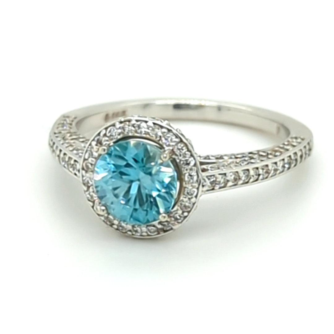 Blue Zircon and Diamond Halo Ring in 14kt White Gold - The Rutile Ltd