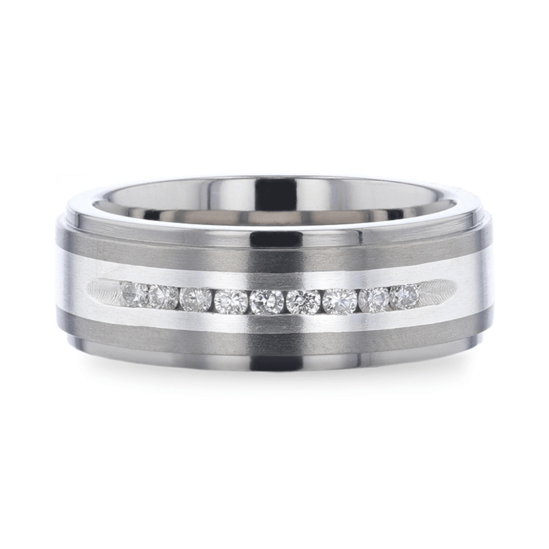 BOND - Flat Brushed Silver Inlaid Titanium Men's Wedding Band With 9 Channel Set White Diamonds - 8mm - The Rutile Ltd