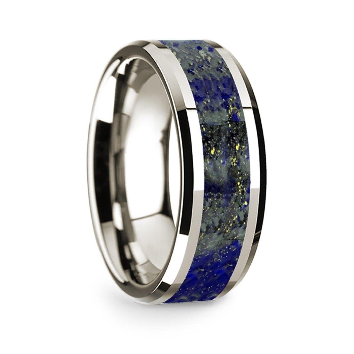 CALMA - 14k White Gold Polished Beveled Edges Wedding Ring with Lapis Lazuli Inlay - 8 mm - The Rutile Ltd