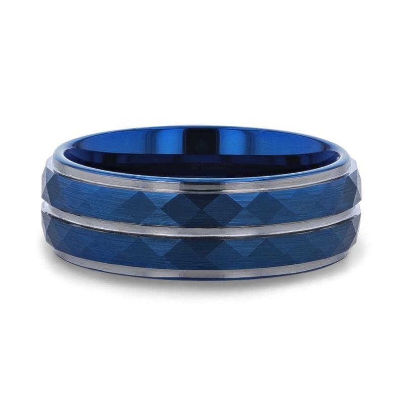 CARMEL - Blue Ion Plated Tungsten Carbide Men's Ring With Faceted Center And Stepped Edges - 8mm - The Rutile Ltd