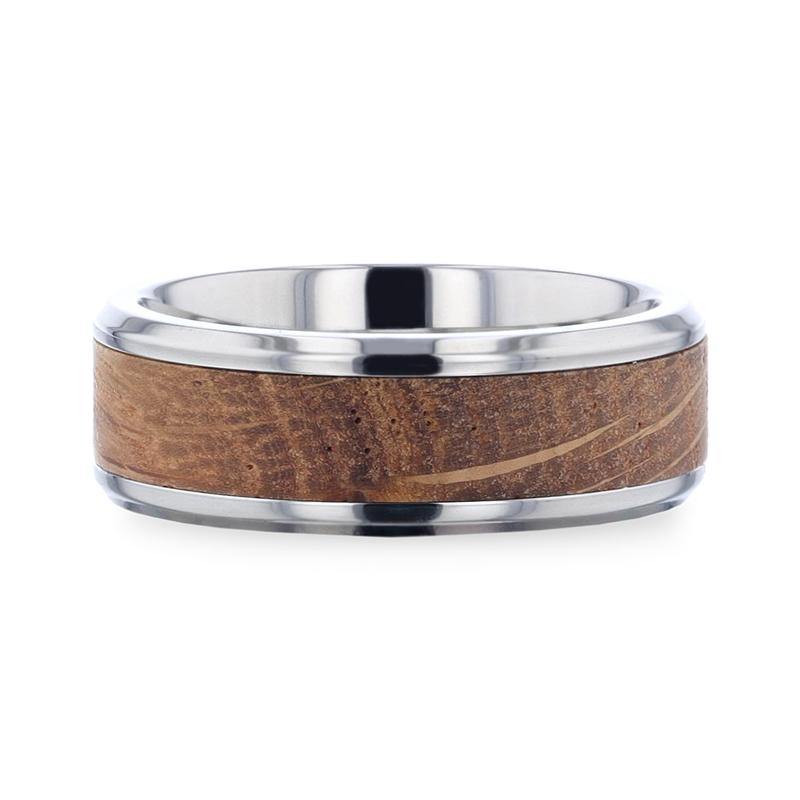 CASK - Whiskey Barrel Inlaid Titanium Men's Wedding Band With Beveled Polished Edges Made From Genuine Whiskey Barrels Used By Jack Daniel's Distillery - 8mm - The Rutile Ltd