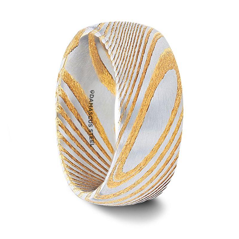 CERSEI - Gold Color Domed Brushed Damascus Steel Men’s Wedding Band with Vivid Etched Design - 6mm & 8mm - The Rutile Ltd