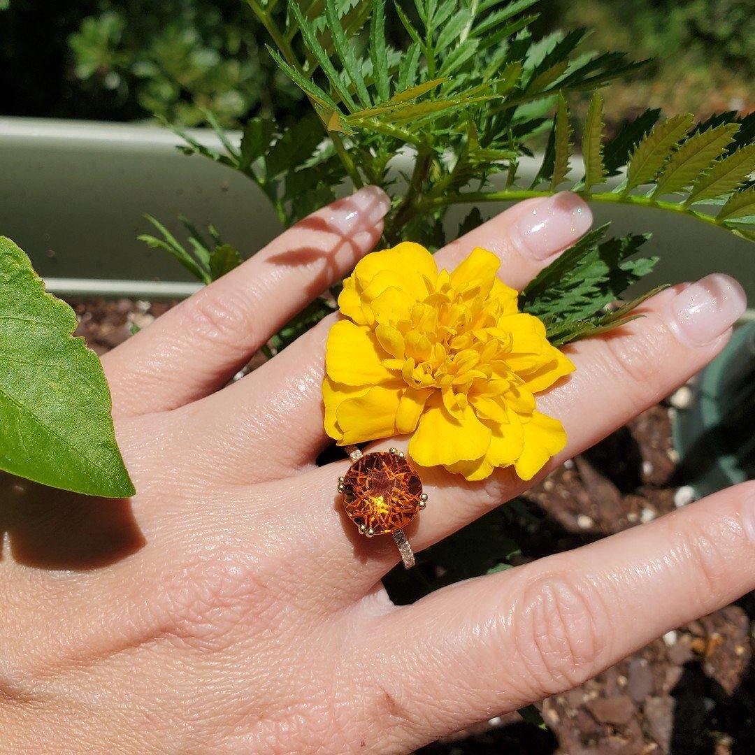Custom Cut Citrine and Diamond Ring in 14kt Yellow Gold - The Rutile Ltd