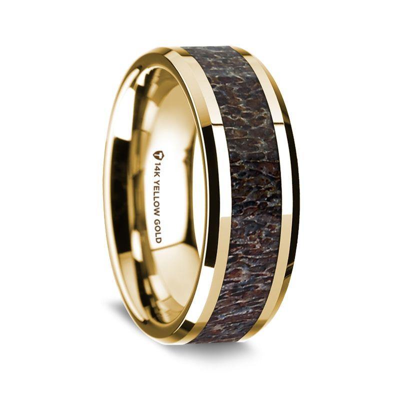 CLANCY - 14K Yellow Gold Polished Beveled Edges Wedding Ring with Dark Deer Antler Inlay - 8 mm - The Rutile Ltd
