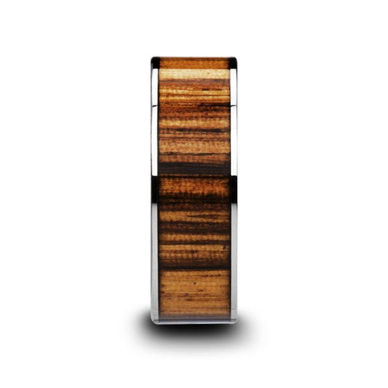 COPAN - Flat Tungsten Carbide Ring with Polished Edges & Real Zebra Wood Inlay - 8mm - The Rutile Ltd