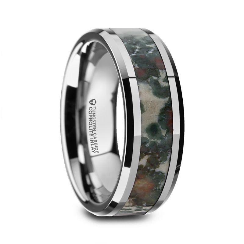 CRETACEOUS - Tungsten Carbide Beveled Men's Wedding Band with Coprolite Fossil Inlay - 8mm - The Rutile Ltd