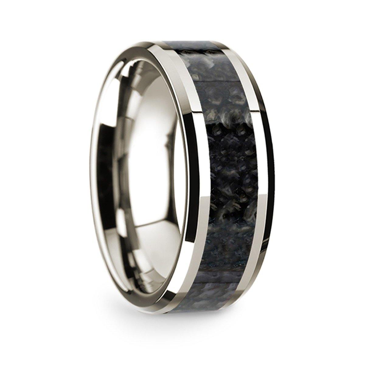 DEMETRIUS - 14k White Gold Polished Beveled Edges Wedding Ring with Blue Dinosaur Bone Inlay - 8 mm - The Rutile Ltd
