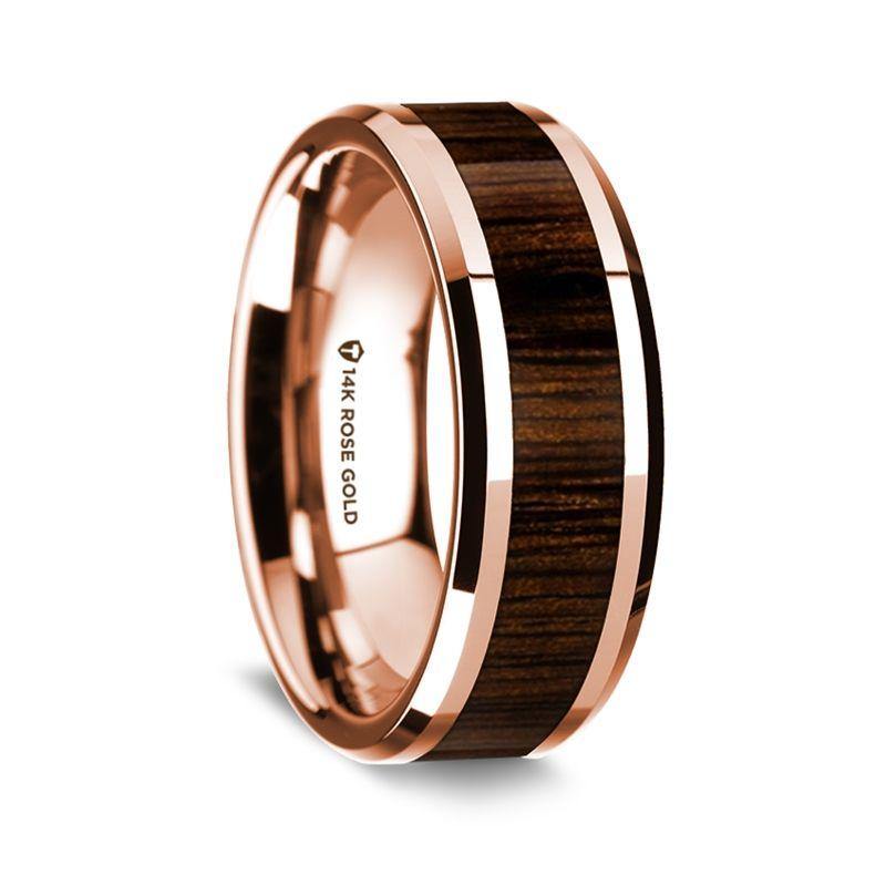 Demian - 14k Rose Gold Polished Beveled Edges Wedding Ring with Black Walnut Inlay - 8 mm - The Rutile Ltd