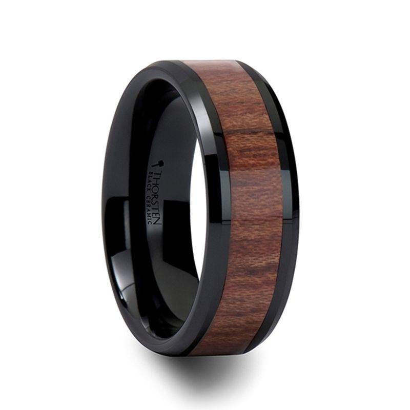 DENALI - Black Ceramic Wedding Band with Bevels and Rosewood Inlay - 6mm to 12mm - The Rutile Ltd