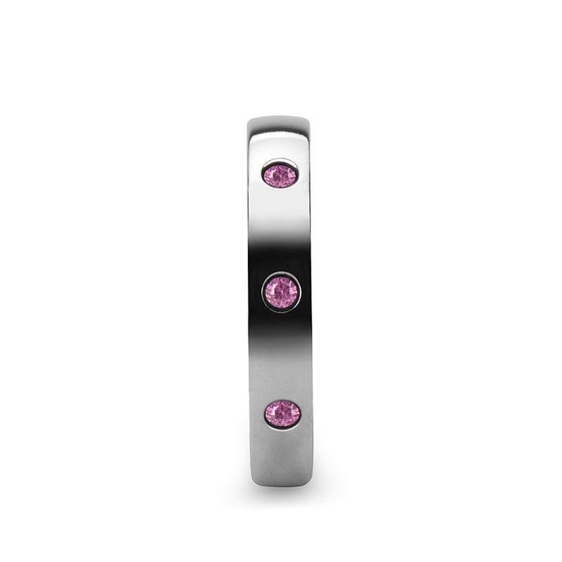 DIANA - Domed White Tungsten Wedding Band with 3 Pink Sapphires - 4 mm - The Rutile Ltd