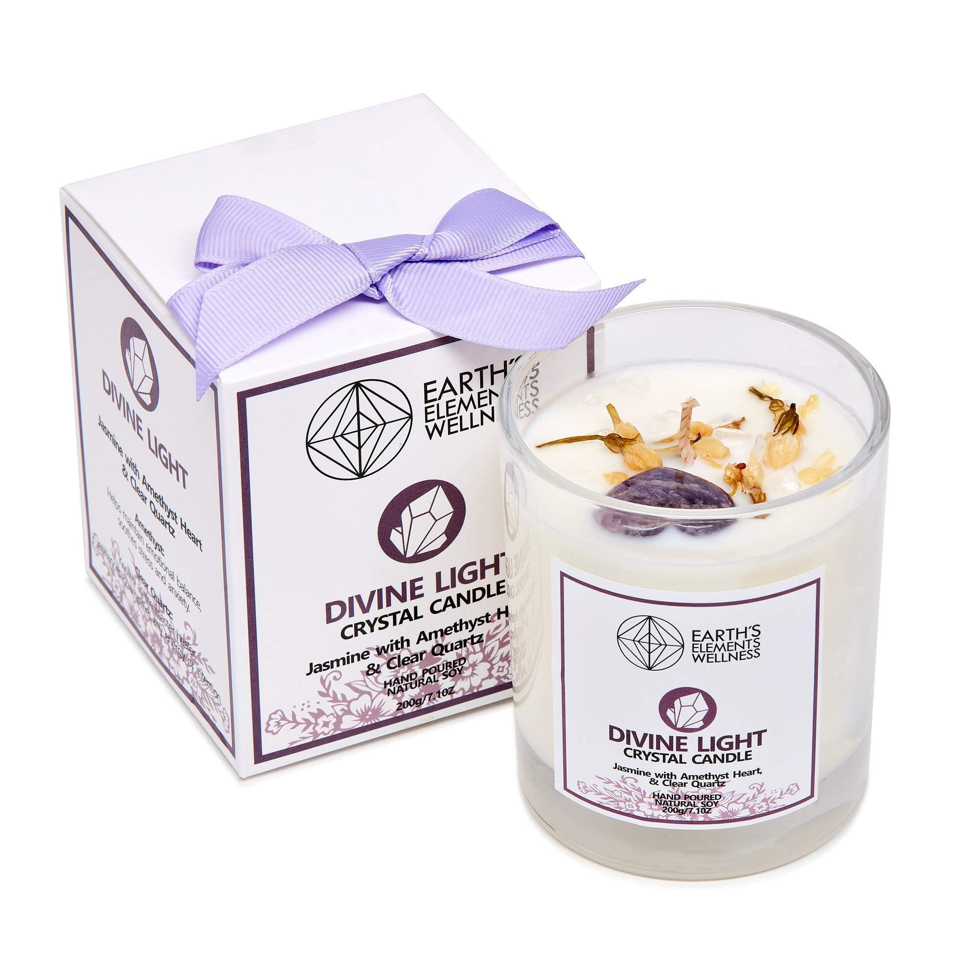 Divine Light Crystal Candle - Jasmine with Amethyst Heart and Clear Quartz - The Rutile Ltd