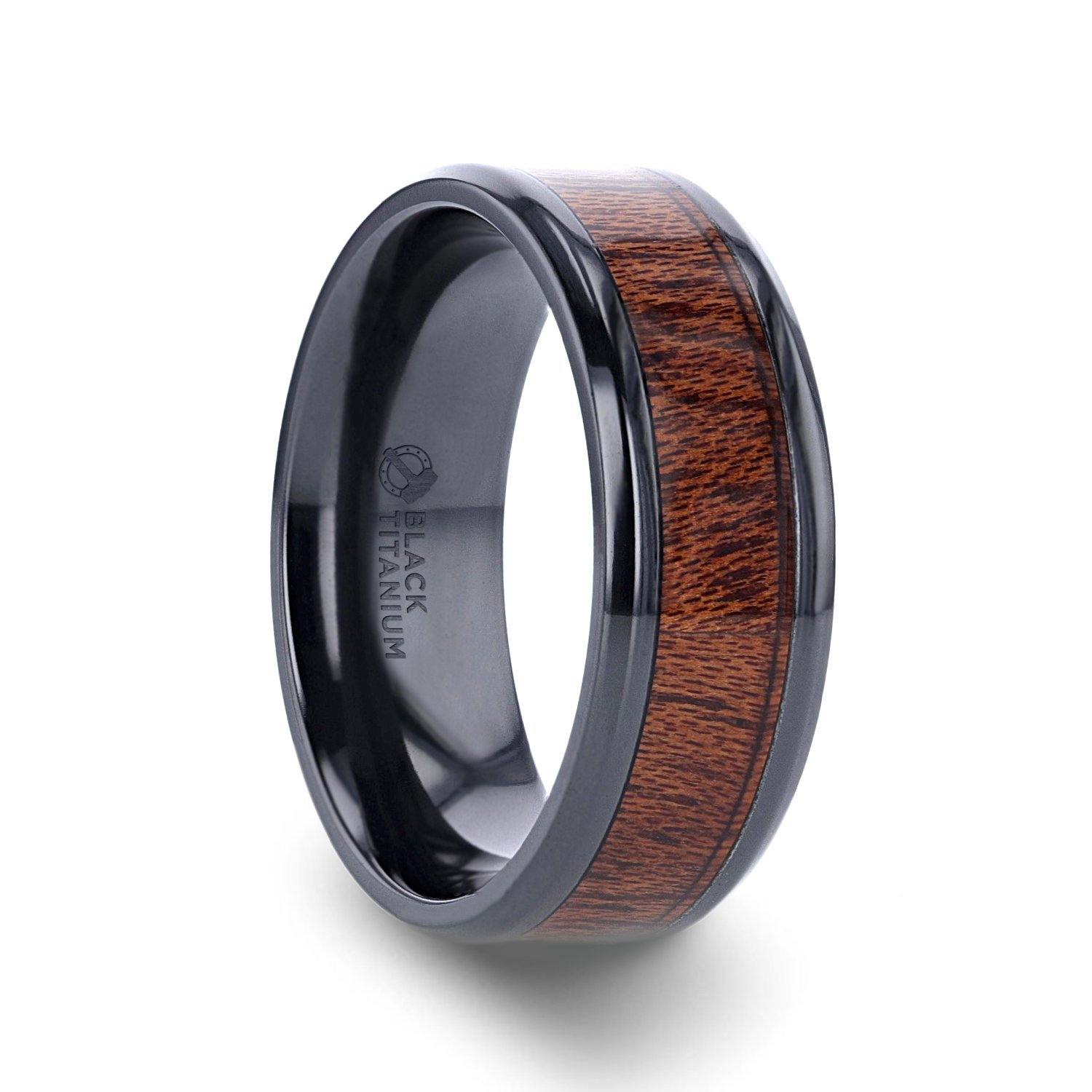 DOMINICA - Black Titanium Band with Polished Bevels and Exotic Mahogany Hard Wood Inlay - 8 mm - The Rutile Ltd