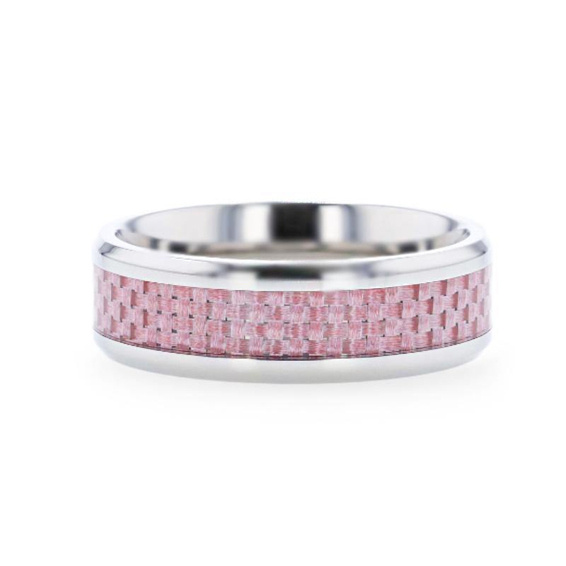 DOMINIQUE - Pink Carbon Fiber Inlaid Titanium Flat Polished Finish Men's Wedding Ring With Beveled Edges - 8mm - The Rutile Ltd