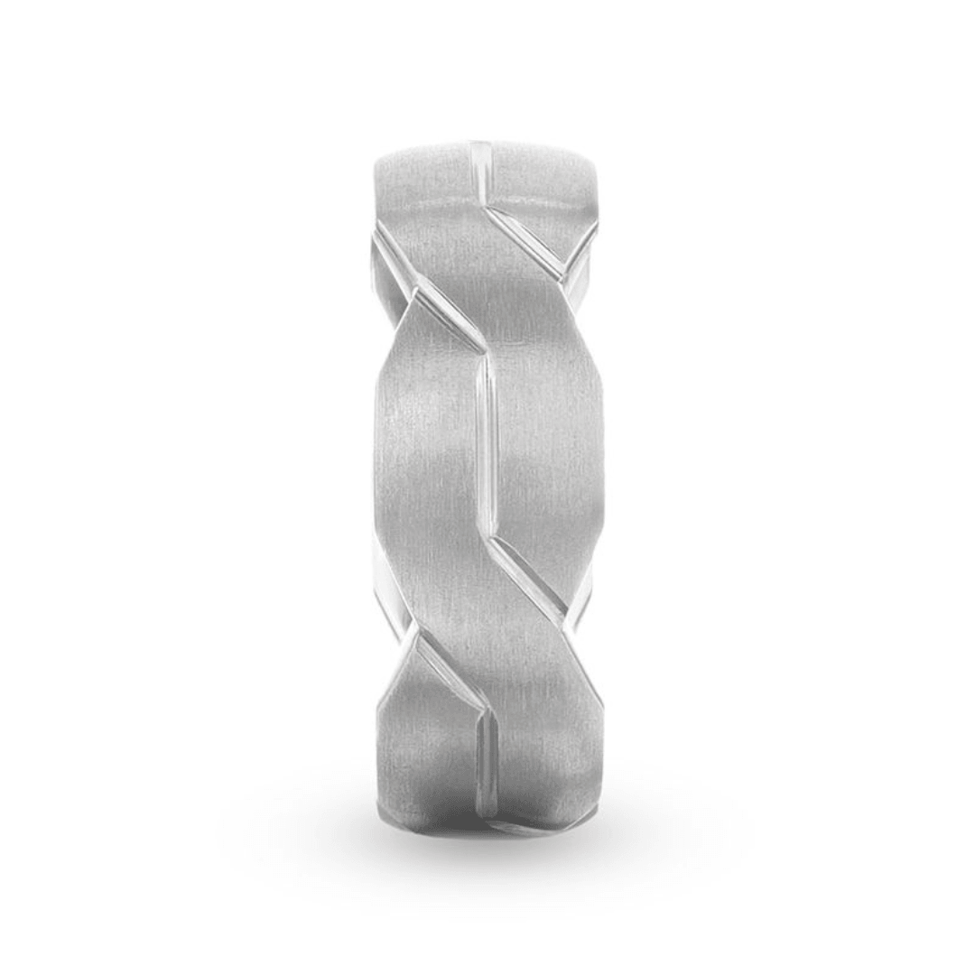 ENDURE - Interlocking Infinity Symbol Flat Brushed Titanium Men's Wedding Band With Polished Grooves - The Rutile Ltd