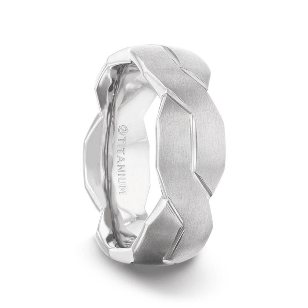 ENDURE - Interlocking Infinity Symbol Flat Brushed Titanium Men's Wedding Band With Polished Grooves - The Rutile Ltd