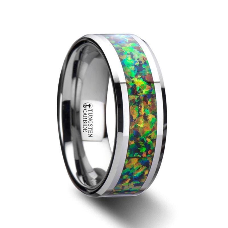 ETHEREAL - Tungsten Carbide Ring with Blue & Orange Opal Inlay - 8mm - The Rutile Ltd
