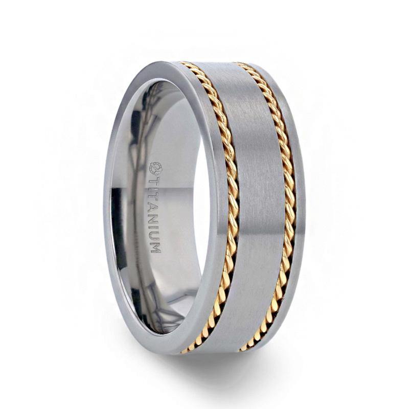 FERDINAND - Titanium Brushed Finish Flat Men's Wedding Ring With 14K Yellow Gold Dual Braided Inlay - 8mm - The Rutile Ltd