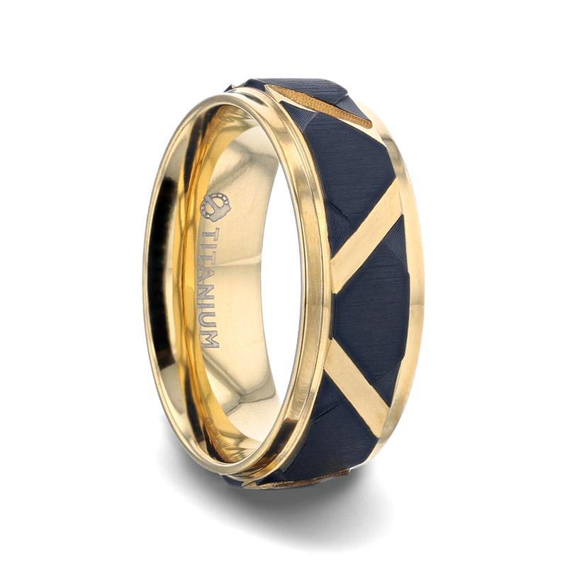 FLEMING - Yellow Gold Plated Flat Polished Step Edged Titanium Men's Wedding Band With Matte Black Raised Horizontal Etches and Gold-Plated Diagonal-Shape Cut Inlay - 8mm - The Rutile Ltd