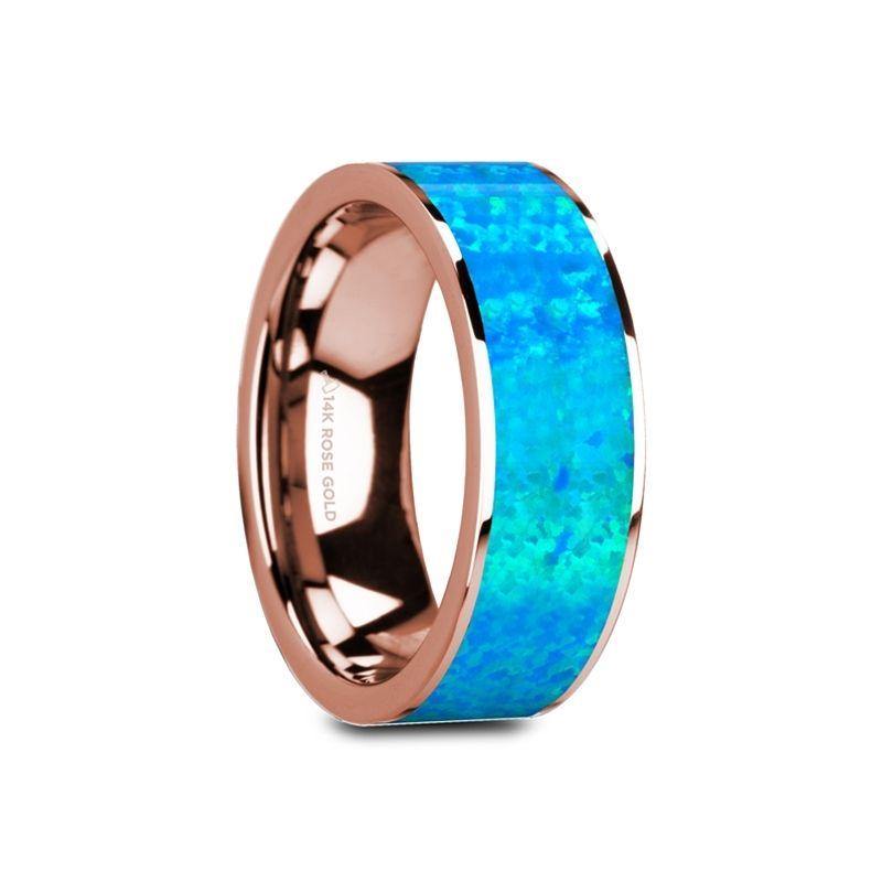 GAGE - Flat 14K Rose Gold with Blue Opal Inlay and Polished Edges - 8mm - The Rutile Ltd