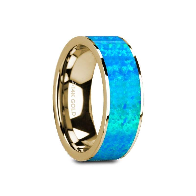GANYMEDE - Flat 14K Yellow Gold with Blue Opal Inlay and Polished Edges - 8mm - The Rutile Ltd